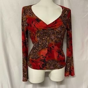 Wild Cat Top Size M V Neck Bell Sleeve Boho Hippie Stretchy